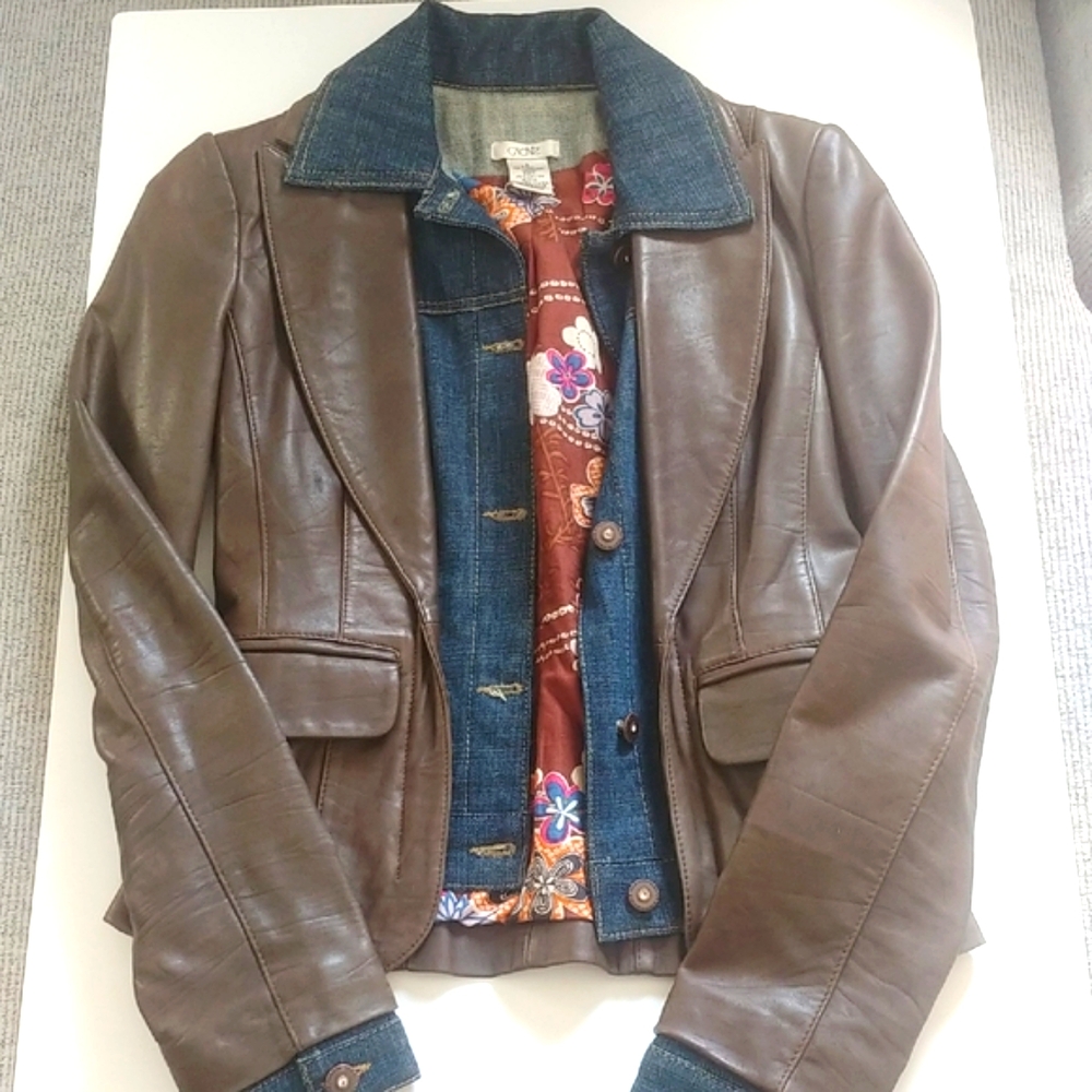 Cache Brown Leather Jacket with Denim Accents.
